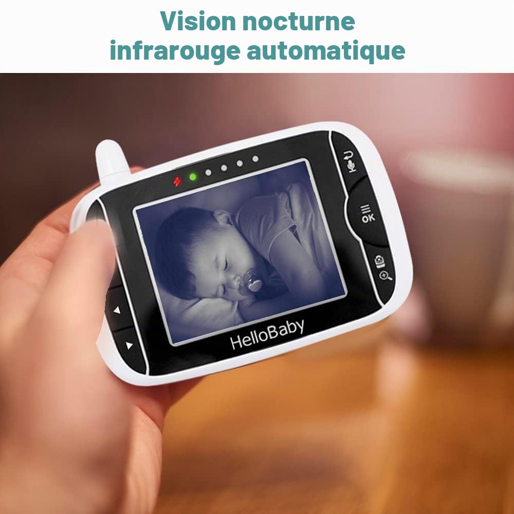 HelloBaby Babyphone Caméra Moniteur Vidéo 3,2 inches LCD Babyphone Vidéo Bébé Surveillance avec 2 Caméras, 360° PTZ Camera Bebe Surveillance, Vision Nocturne (HB65)