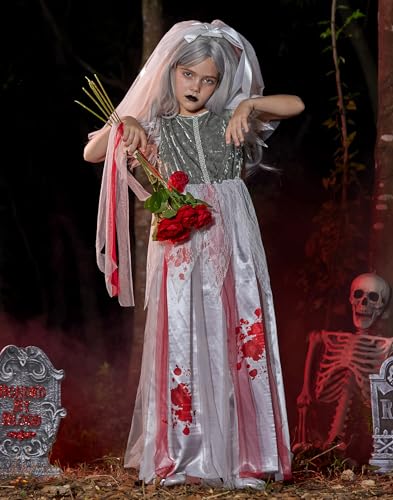 Halloween Girls Zombie Bride Dress with Veil Headband 4-14 Years4