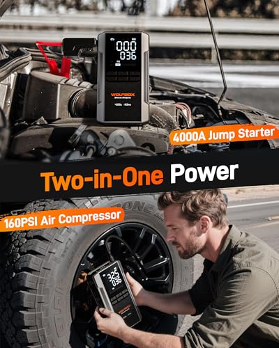 WOLFBOX 4000A Jump Starter with 160PSI Air Compressor, 12V Car Battery Booster, 65W Fast Charge, 24000mAh Portable Tire Inflator, LED Display for 10L Gas & 10L Diesel Engines, LED Light, Jumper Cables - Image 3