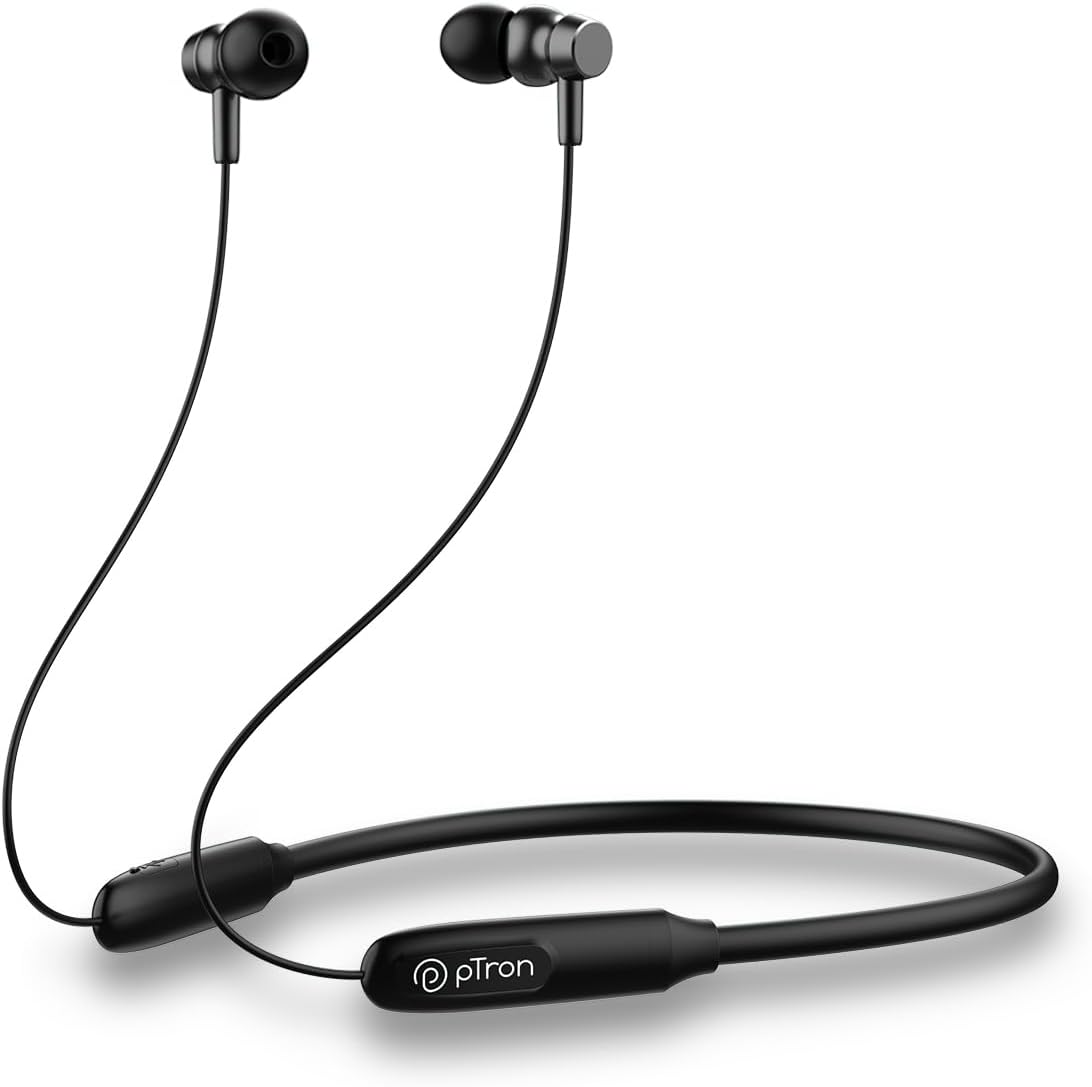 pTron Tangent Flex Bluetooth 5.3 Wireless In Ear Headphone with Mic, 38Hrs Playtime, 13mm Driver, Dual Device Pairing Wireless Neckband, Type-C Charge, Magnetic Buds & IPX5 Water Resistant(Matt Black)