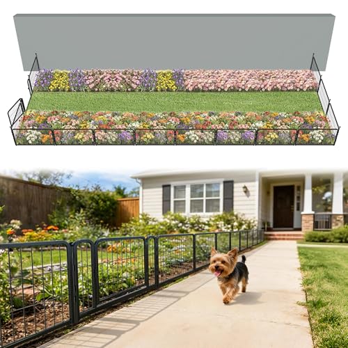 Image of FXW Garden Fence Outdoor for the Yard - 17in(H) x 34.2ft(L) Heavy Duty Metal Animal Barrier for Dog, No Dig Decorative Dog Fence, 14 Panels, Black