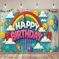 ActFirst Happy Birthday Rainbow Theme Banner Background - Colorful Cartoon Party Decorations for Boys and Girls, Emoji Balloons, Gift Box, Cloud Elements Birthday Background Decoration, 71 x 43 In