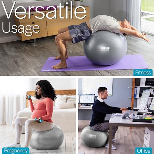 Image of Core Balance Exercise Ball, Stability Ball for Yoga, Pilates and Fitness, Gym Ball for Home Gym and Office Chair, Training, Physical Therapy, Anti Burst, Pump Included, 55cm 65cm 75cm 85cm