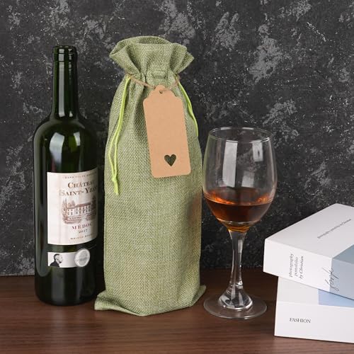 BUNCHBRAVO 12 Pack Burlap Wine Bags with Gift Tags and Jute Rope, Rustic Drawstring Wine Bottle Bags for Weddings, Parties, and Holidays, Sage Green by BUNCHBRAVO - Used condition - Image 2