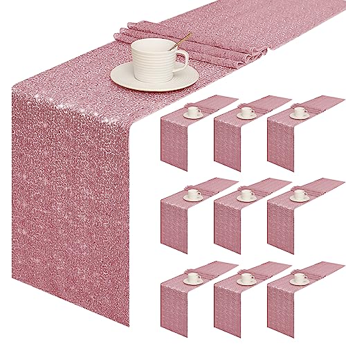 Sugargirl 10 Packs 12 x 72 inches Sequin Table Runner, Glitter Rose Pink Table Runner for Birthday Party Supplies Wedding Holiday Celebration Event Decorations