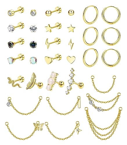 Chriscoco 33Pcs Piercing Oreja Pendientes Mujer Acero Quirurgico Pendientes Aro con Cadena Ópalo Estrella Corazón CZ Pendientes Antialergicos Cartílago Pendientes Piercing Tragus Helix Joyería