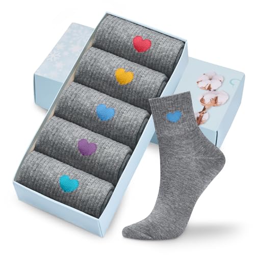 Image of Corlap Women's Cotton Crew Socks - Ankle High Fun Cute Heart Casual Dress Athletic Socks - 5Pairs Gifts for Mother /Her