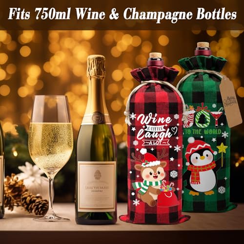 Bolsas de vino de Navidad de arpillera con cordón protector y diseño navideño a cuadros 3