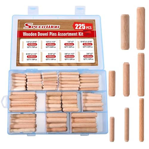 SPEEDWOX 225 pasadores de madera estriados, 8 tamaños, 1/4, 5/16, 3/8 pulgadas, varillas pequeñas de madera estriada, clavijas de madera dura para muebles, carpintería, manualidades, con caja de