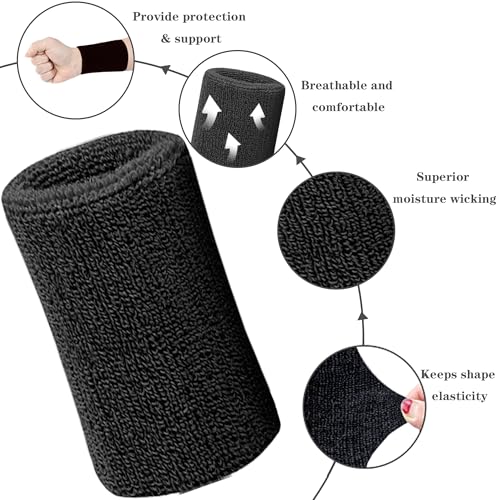 Image of 6 Inch Wrist Sweatbands Tennis Wrist Bands Absorbent Sweat Band for Men and Women Sport Long Wrist Bands, Breathable Cotton Athletic Sweatbands for Basketball, Workout, Running (4 Pack)