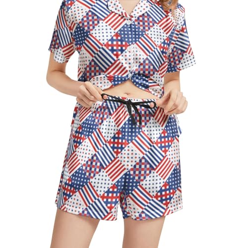 Image of Silk Satin Pajama Set for Women Summer Lounge Pjs Sets 2 Piece Suit Ladies Button Down Tops And Shorts Sleepwear