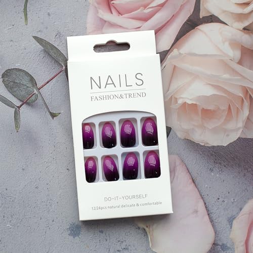 Gradient Press on Nails Short Almond Fake Nails Purple Glossy Stick on False Nails French Tip Acrylic Nails with Glue Reusable Artificial Nails for Women and Girls DIY Manicure 24PCS - Image 7