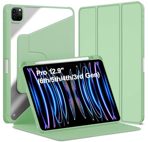 Image of TGK Rotating Case for iPad Pro 12.9 inch (2022 /2021 /2020 /2018, 6th /5th /4th /3rd Gen) with Pencil Holder 360 Degree Rotation Protective Trifold Stand Cover Clear Back (Mint Green)