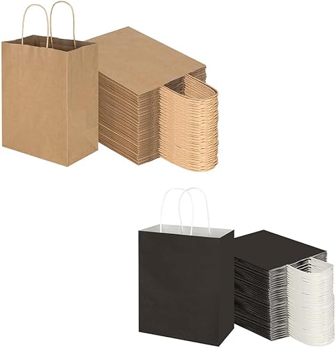 Toovip Cada paquete de 100 bolsas de papel kraft marrón y negro mediano con asas a granel