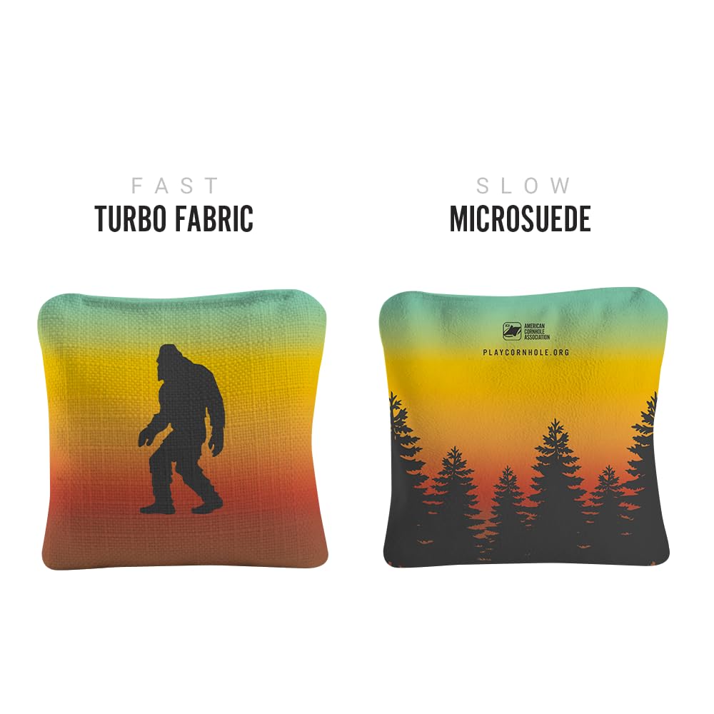 ACA Synergy Pro Dual Sided Cornhole Bags | Retro Sasquatch Multicolor Design | Set of (4) All-Weather Resin Filled Stick & Slide Corn Hole Bags