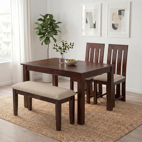 Image of SONA ART & CRAFTS Poster Sheesham Wood Dining Table Set 4 Seater Dinner Dinning Table with 2 Cushion Chair with 1 Bench for Dining Furniture for Living Room Home Hotel Office (Walnut)