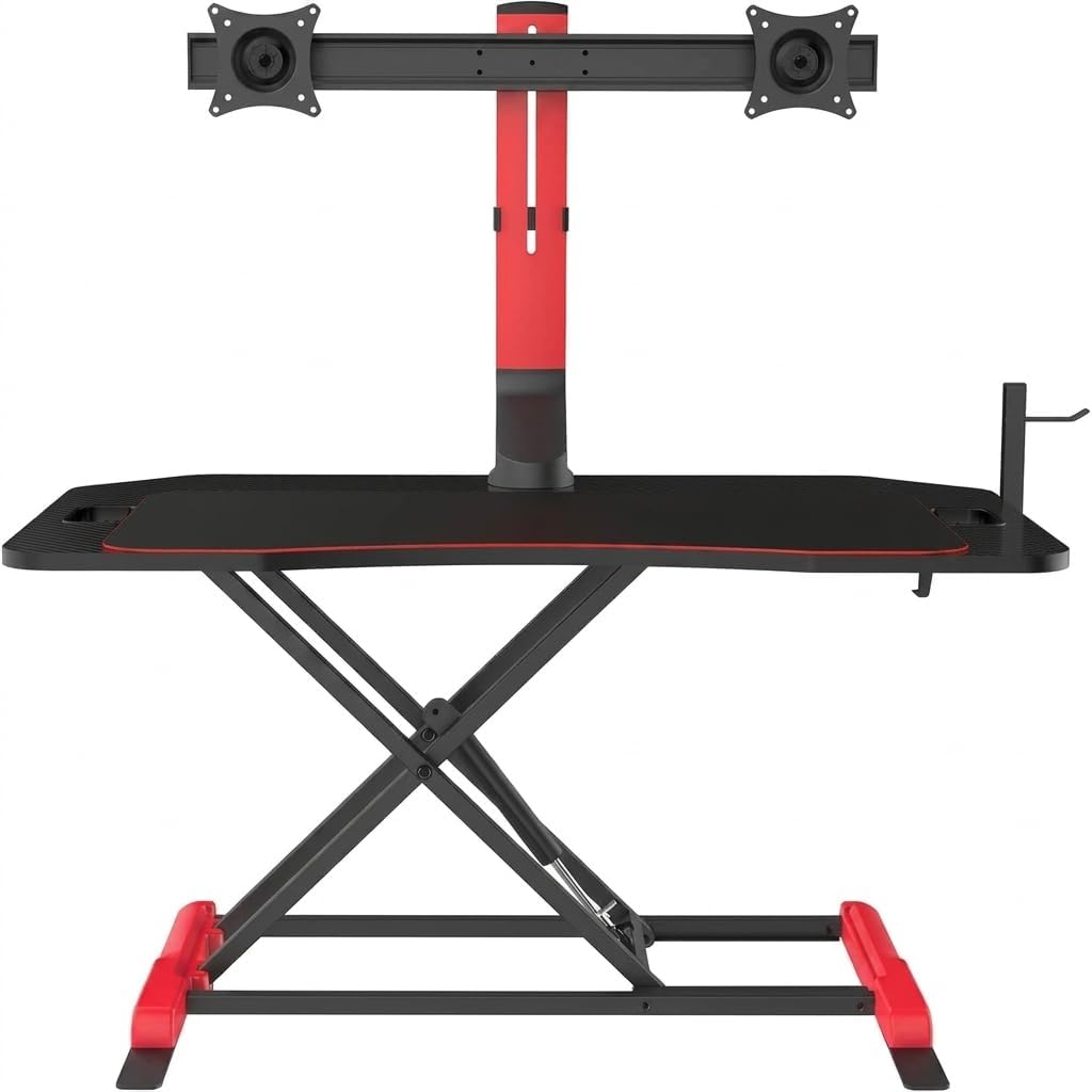 Aoitun Double Monitor Gaming Desk with Dual Monitor Arm, Adjustable Height Computer Desk with Built-in USB Port and Cable Management, Black and Red