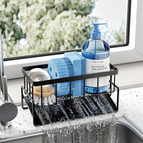 HAYOLPORS Sponge Holder for Kitchen Sink - Rustproof Sink Caddy with Brush Holder, Self-Drainage Kitchen Organizers and Storage Dish Soap Dispenser Home Essentials Organization Accessories, Black