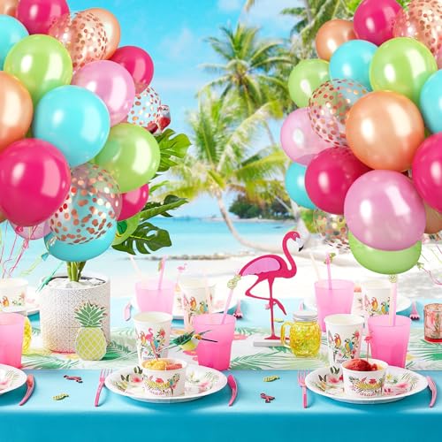 Image of Tropical Party Balloon, 60 Pcs Hawaii Balloons, 12 Inch Hot Pink Teal Blue Latex Balloon Pearl Rose Gold Confetti Balloons for Birthday Baby Shower Wedding Beach Tropical Flamingo Party Decorations