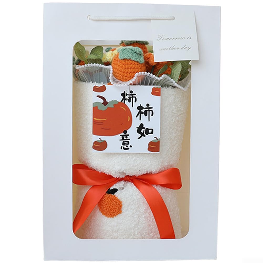 TVANTRUXIS Hand Woven Artificial Flowers, Crochet Fruit Bouquet Multicolor 35x25 cm 6 pcs with Light and Card(6 Persimmon Trees)