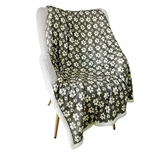 Longrich Flannel Paw Print & Ultra Soft Sherpa Throw Blanket, 50" W X 60" W, Grey With Brown Paw Print #TOP1