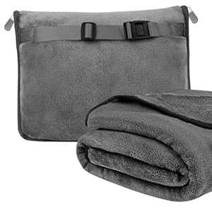 2-in-1 Travel Blanket & Pillow Set – Soft Flannel, Luggage Sleeve, Backpack Clip (Grey)