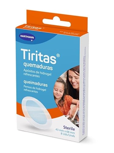 Tiritas Quemaduras – Apósitos de Hidrogel Refrescantes con 60 % de Agua – Alivio Inmediato y Curación de Lesiones Leves – Estériles, con Film Transparente – 8 Unidades (43×68 mm)