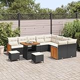 Owoxanthellate Salon de jardin noir crème 80 x 80 x 71 cm réglable en hauteur avec polyrotin bois d'acacia 12 places pour balcon, terrasse, jardin d'hiver