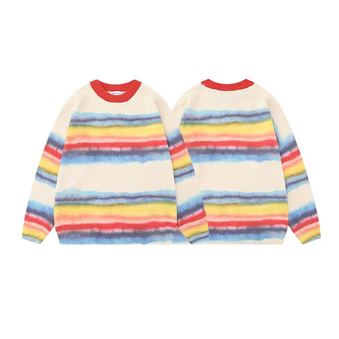 Damski sweter oversize tęczowe paski okrągły dekolt dzianina szwy kolor swobodny styl sweter z długim rękawem