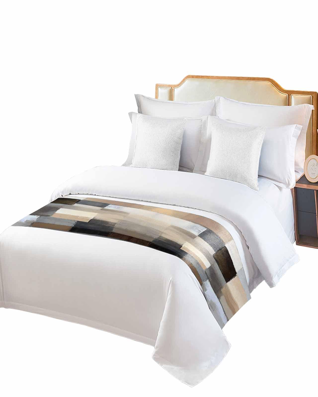 DecorLovee Brown Beige Plaid Bed Runners for Twin Size Bed, Decorative Bed Throws for Foot of Bed, Abstract Oil Painting Checkered Bed Runner Sofa Throw Bedding Scarf Protector Slipcover for Bedroom