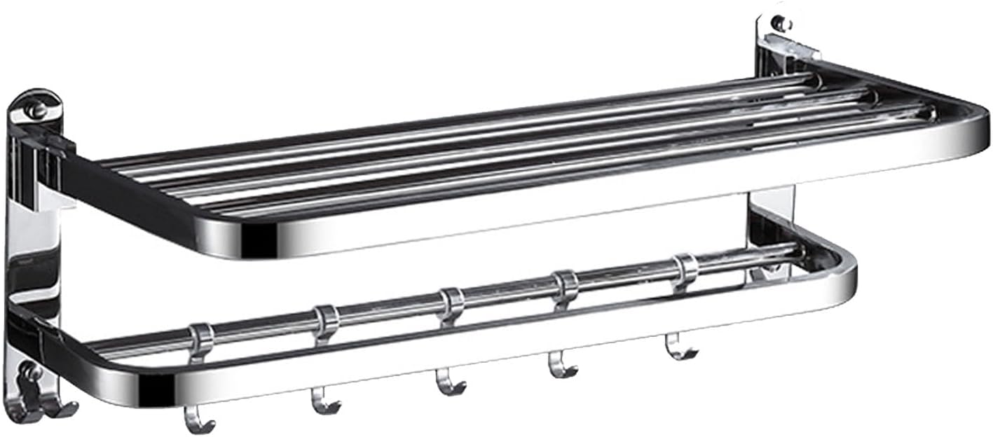 Double Towel Rack Foldable Adhesive 304 Stainless Steel Wall Towel Shelf with Hooks for Bathroom, Space Saving Folding Towel Holder for Kitchen Laundry Room