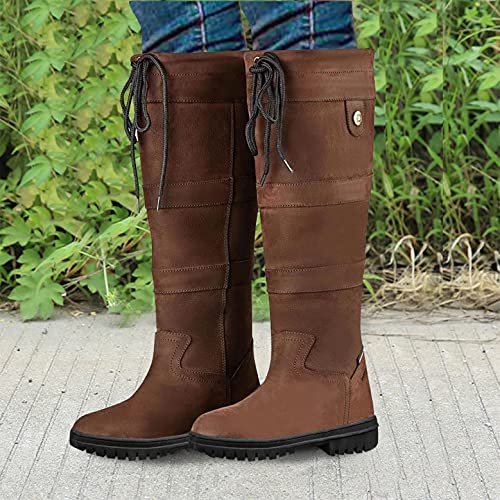 Hbeylia Knee High Work Boots For Women Vintage Leather Round Toe Chunky Block Low Heels Non Slip Knee Length Combat Boots Casual Pullon Lace Up Motorcycle Riding Winter Snow Tall Boots2