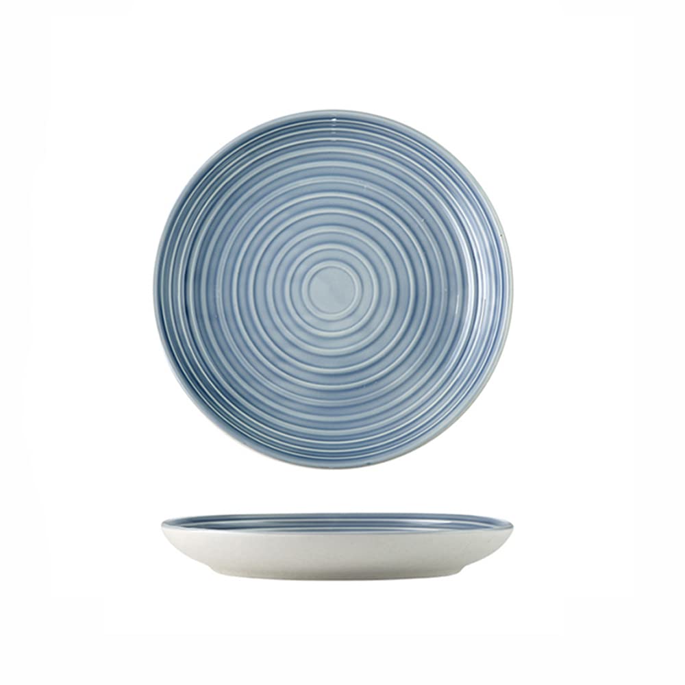 Juego de 2 Platos Llanos de cerámica de 8 Pulgadas con diseño de líneas en Relieve en Blanco y Azul