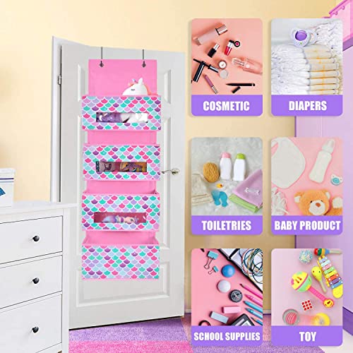 Wernnsai Mermaid Over The Door Hanging Organizer - 4 Clear Window Pockets Organizer For Kids Baby Girls Closet Diaper Behind Door Hanging Storage Hanger Bedroom Nursery Wall Organizer Decor #TOP4
