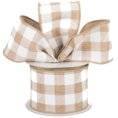 Image of Tan Plaid Wired Edge Ribbon - 2 1 /2 Inch x 10 Yards, Buffalo Plaid, Christmas, Winter Decor, Birthday, Wedding Decoration, Boxing Day, Labor Day