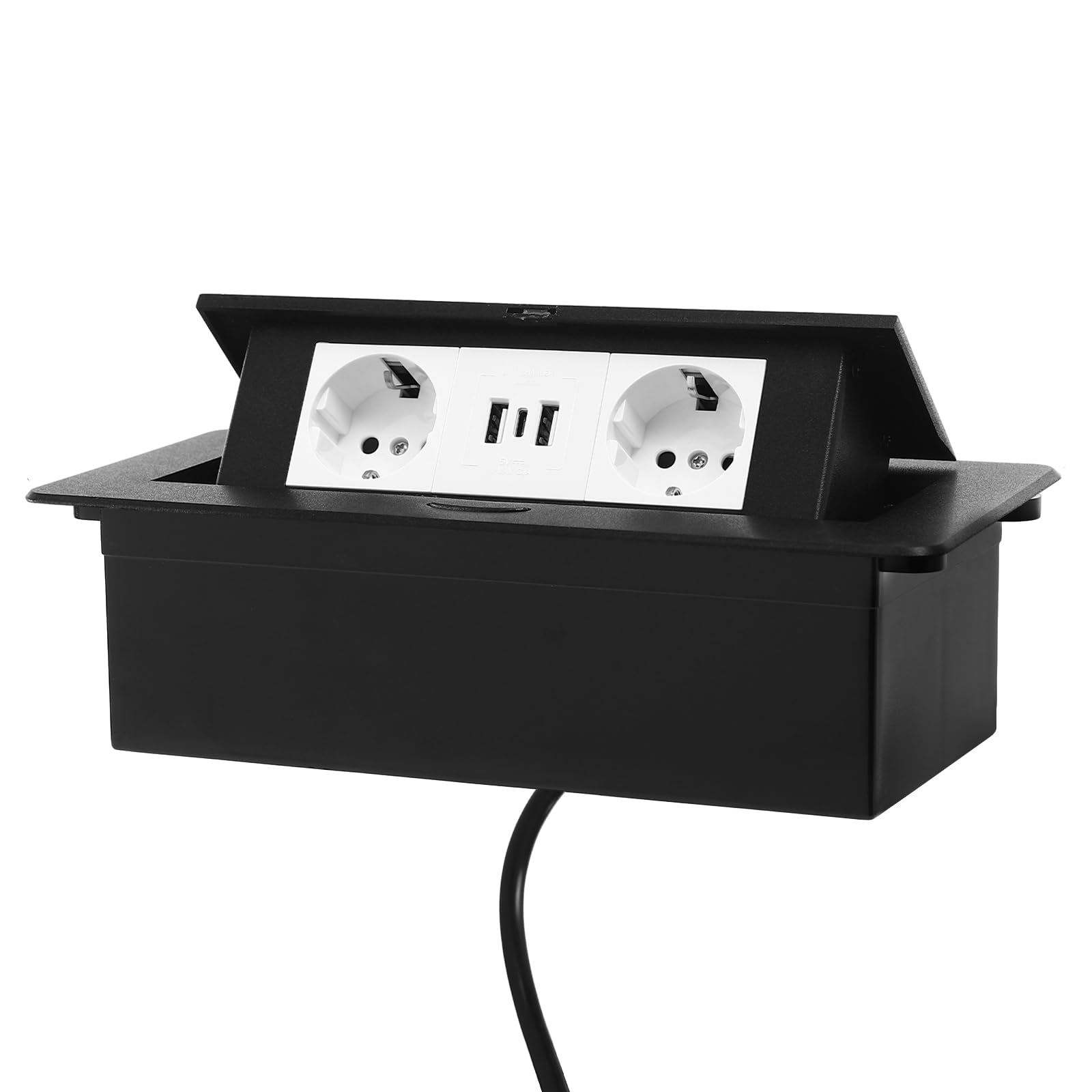 Pop-up Steckdosenleiste mit Netzkabel – EU Norm, USB + Type-C Ports, Schwarz, Kompakt stabil, Überlastungsschutz, Powerstrip für Home Office & Reise, sicherer Energielieferant