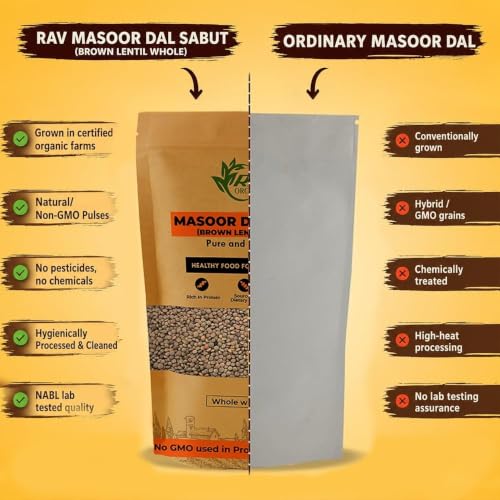Image of Rav Organic Sabut Masoor Dal 1 kg | Whole Lentils | Protein Rich | Unpolished | Gluten Free | Chemical Free Certified Organic Dal