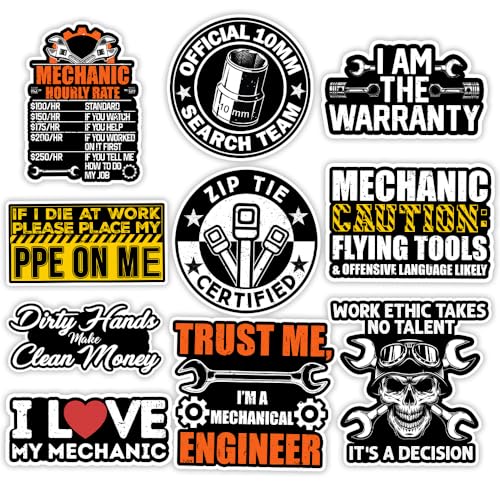 MAIANEY (10Pcs, 3in) Mechanic Sticker Pack for Toolbox Garage Laptop – Funny Mechanic Decals Set,...