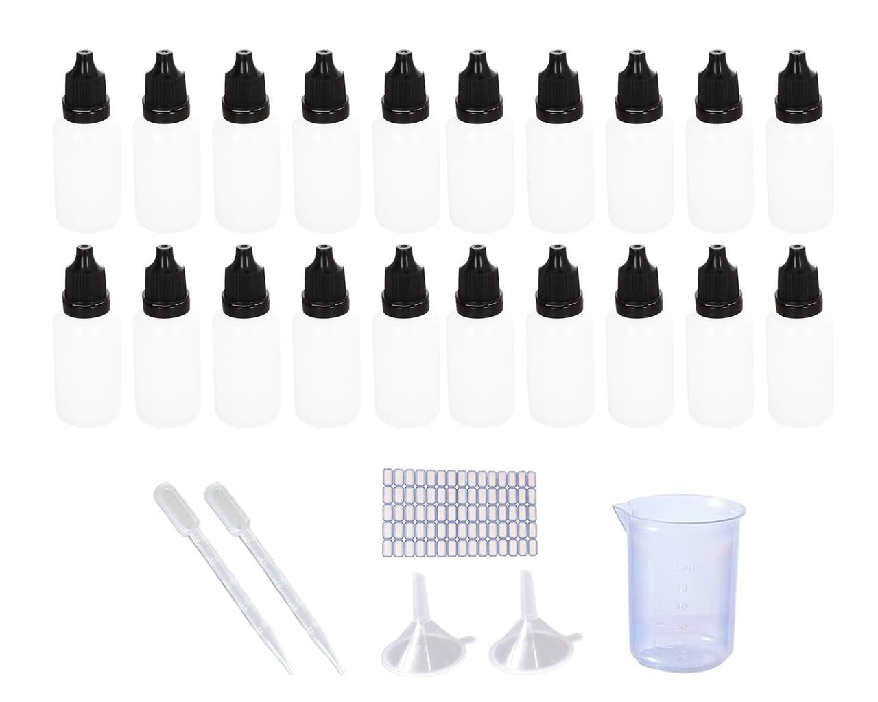 Pack of 26 Dropper Bottles 10 ml, with Funnel, Measuring Cup, Transfer Pipette and Labels, Eye Dropper Bottle, Squeezable Dropper Bottle, Liquid Container, Dropper Bottle (Black, 10 ml)