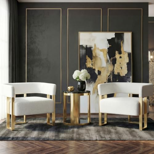 Image of Modern Accent Chair Set of 2, Barrel Chairs, White Arm Chairs Living Room | STHOUYN Bedroom Side Chairs, Boucle Upholstery, Curved Bucket Design, Gold-Tone Base, Armchairs, Small Space Seating