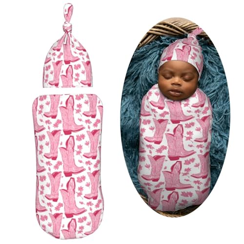 Image of Pink Cowgirl Boot Newborn Swaddle Blankets Hat Sets Soft Baby Receiving Blanket Swaddle Sack for Baby Shower Infant Boy Girl Gift