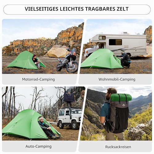 Naturehike Cloud-Up 2 Campingzelt 2 Personen 3-4 Saison Leichtes Rucksack Zelt Wandernde Zelt (Grün 210T Upgrade)