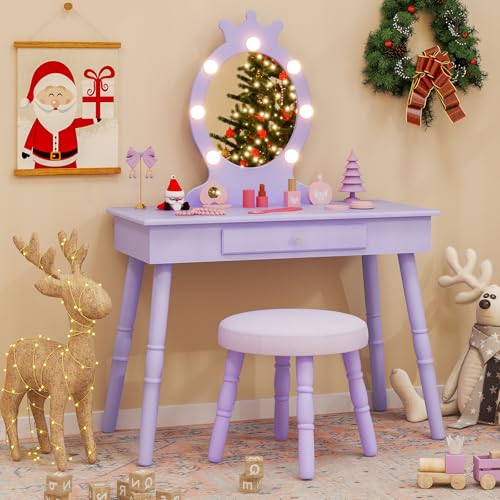 Costzon Kids Vanity, Girls Vanity Set with Mirror and Stool and Lights, Drawer, 2 in 1 Wooden Toddler Makeup Vanity Desk Dressing Table, Pretend Play Kids Vanity Table and Chair Set (Violet)