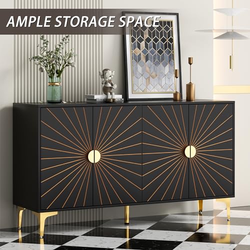 UEV 55.1\" Black Sideboard,Modern Buffet Cabinet with Storage,Gold Sunlight Accent Storage Cabinet with Metal Handles & Legs,Long Console Cabinet with 4 Doors & Adjustable Shelves