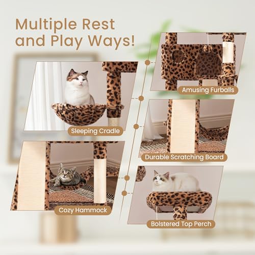 Image of SHA CERLIN 65in Larger Cat Tree Tower Condo for Indoor Kitties /Multi-Level Furniture Activity Center with Wide Base /Cozy Plush Cat Perches /Baskets /Sisal Scratching Posts and Hammock /Leopard Print
