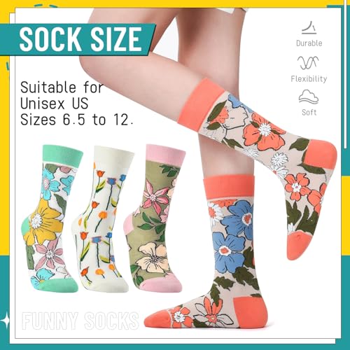 Image of HSELL Womens Novelty Socks with Colorful Flower Design Fancy Gift for Mom Lady Breathable Cotton Socks for Daily Wear