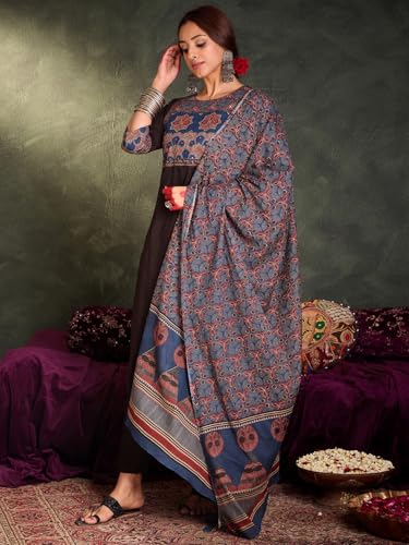 Image of INDO ERA Women's Straight Pure Cotton Floral Self Design Kurta & Pant With Dupatta Set | Kurta Sets For Woman