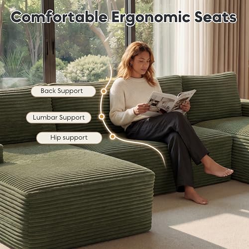 Image of Oversized Cloud Boneless Couch with Chaise, Modern Modular Sofa with Deep Seat, Corduroy Upholstered U Shaped Couch for Living Room, No Assembly Required (Olive Green)
