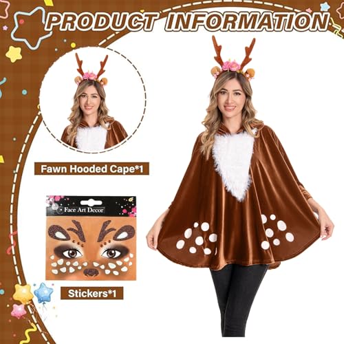 Deer Costume Ladies with Antlers Headband Tattoo Socks Reindeer Costume Adults Ladies Women Bambi Costume Ladies Carnival Costume Ladies Deer Poncho Cloak Fawn Deer Costume Ladies for Carnival