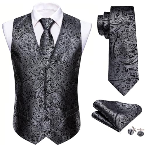 Men's Paisley Silk Waistcoat Tie Hanky Cufflinks Set Textured Sleeveless Vest for Business Wedding2